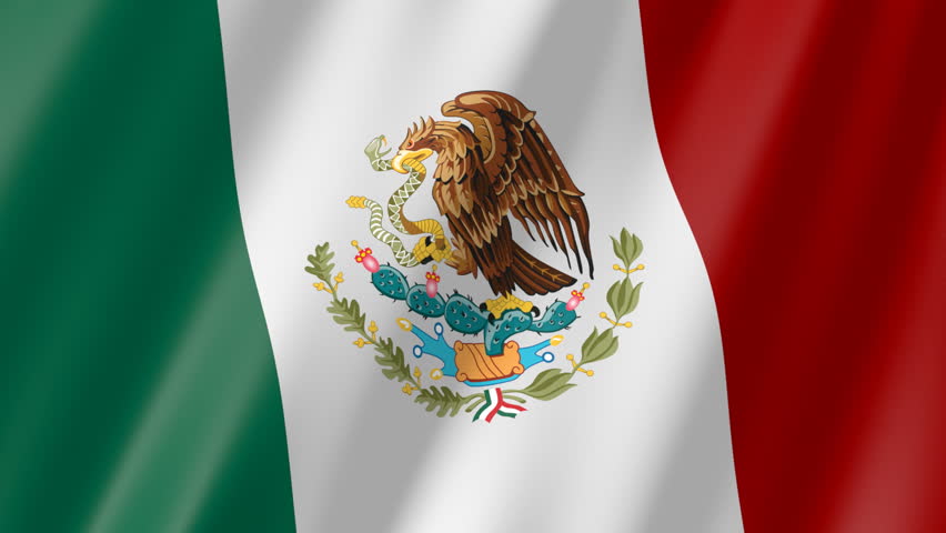The Mexican Flag: Three Vertical Stripes of Green, White, and Red with an eagle eating a snake on a cactus in the center.