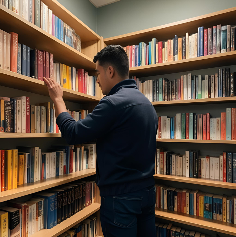 man, books, shelves