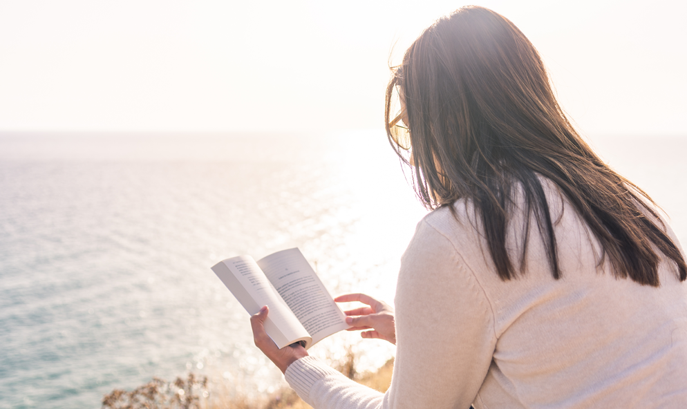 beach, reading, book, woman, dark hair